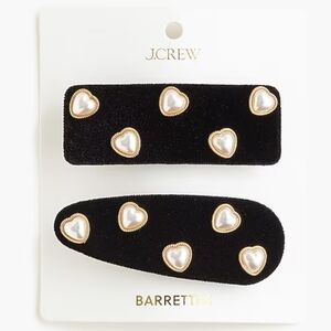 J.Crew 2pc Black Velvet Heart Faux Pearl Gold Bow Hair Clip Barette